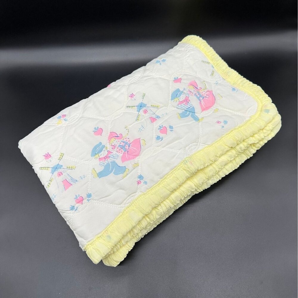 Vintage Baby Blanket Crib Toddler Bedding Dutch Yellow Pink 1950s Kitschy
